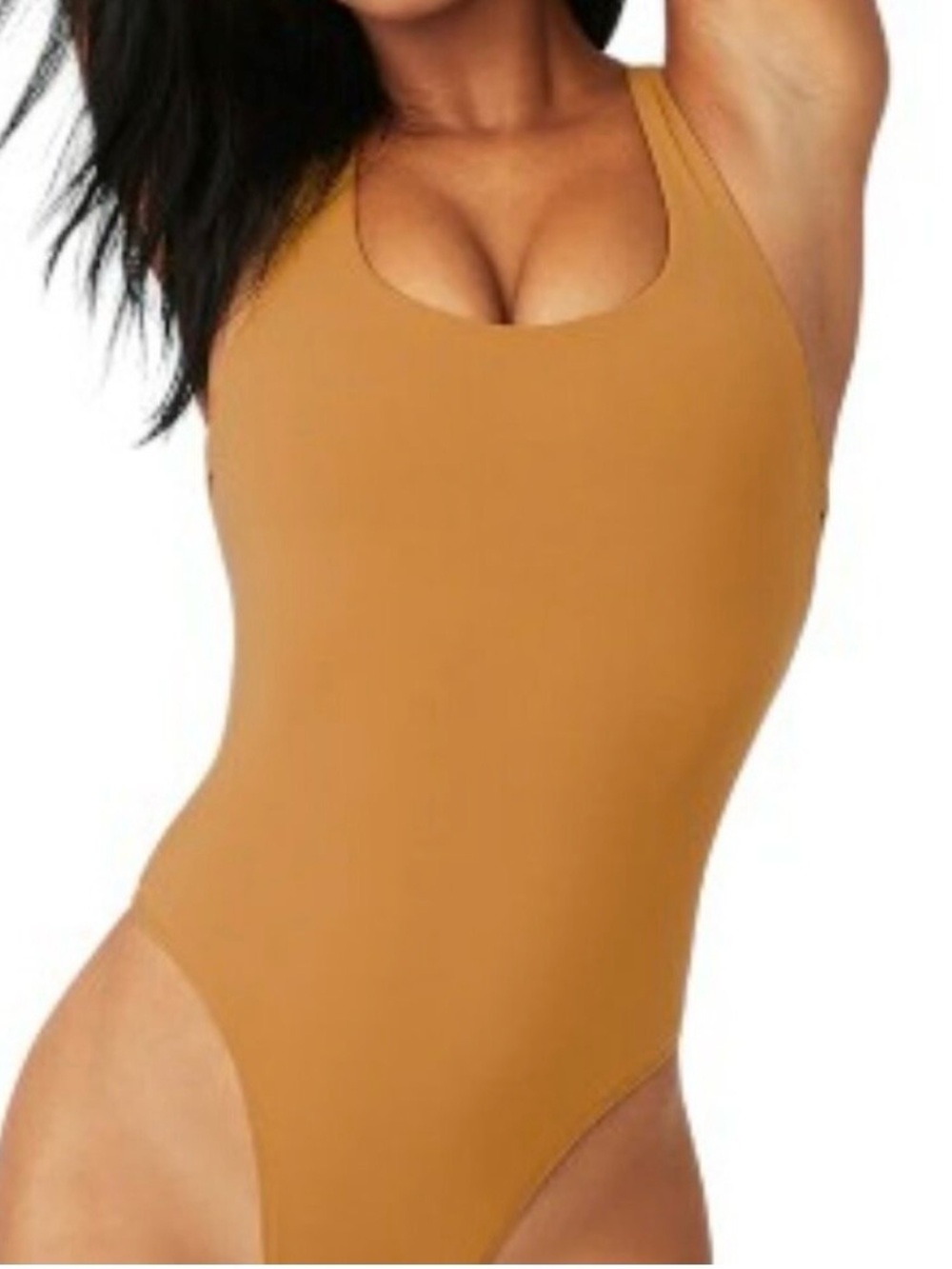 ALO Yoga Mustard Camel Scoop Neck High-Cut Bodysuit